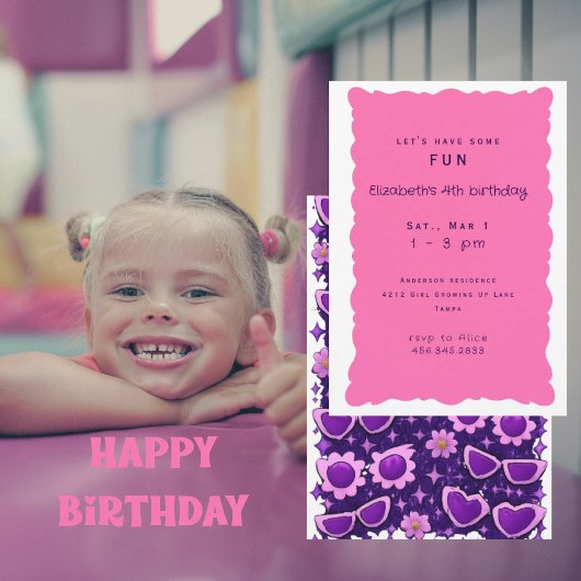 Invitation Whimiscal Purple and Pink 4th Birthday Party II