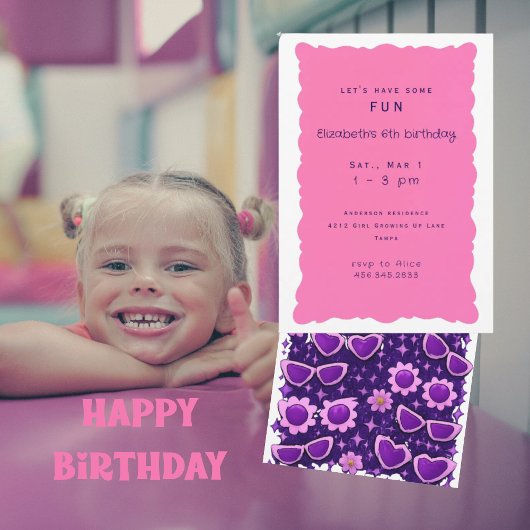 Invitation Whimiscal Purple and Pink 6th Birthday Party