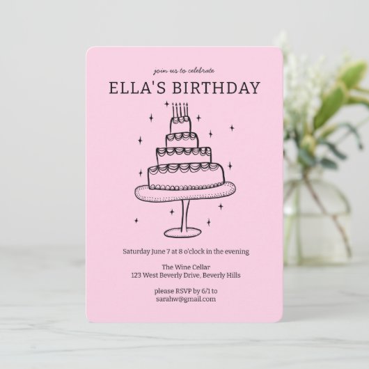 Invitation Whimsday Cake Doodle mignon fête personnalisée (Debout devant)