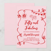 Invitation Whimsical 50 and Fabulous Doodle and Bow Birthday (Devant / Derrière)