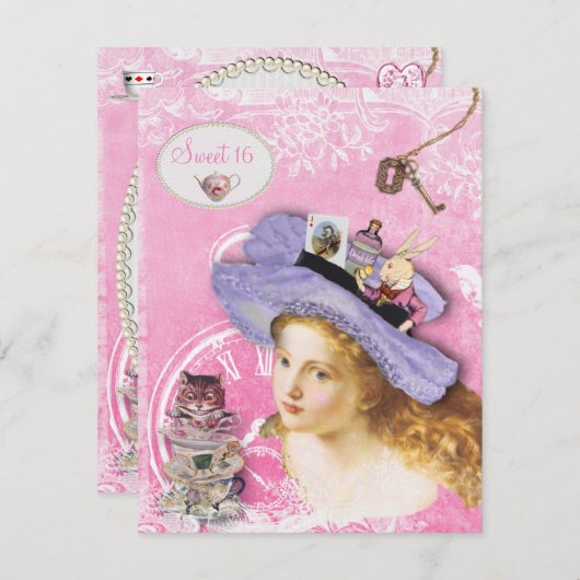 Invitation Whimsical Alice in Wonderland Sweet 16 Tea Party (Devant / Derrière)