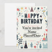 Invitation Whimsical Anniversaire - Fête Colorée (Devant / Derrière)