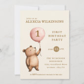 Invitation Whimsical Bear "One" Heart Balloon Birthday (Devant)