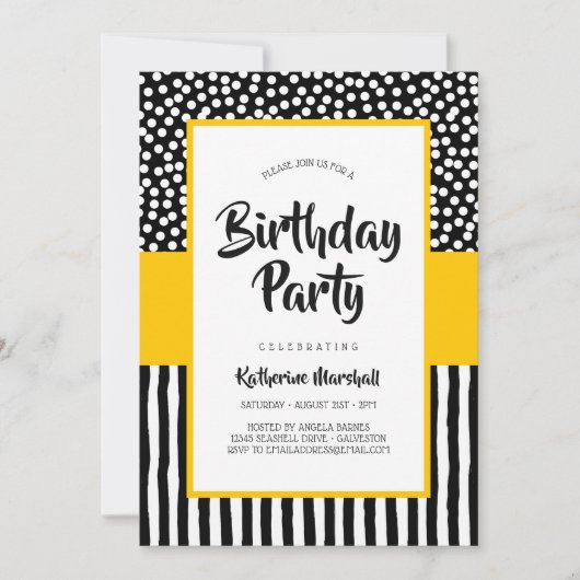 Invitation Whimsical Black Blanc et Jaune Anniversaire (Devant)