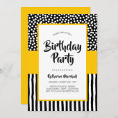 Invitation Whimsical Black Blanc et Jaune Anniversaire (Devant / Derrière)