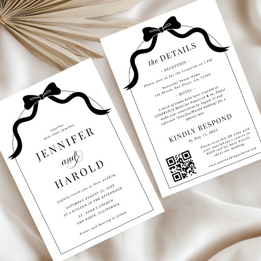 Invitation Whimsical Black Bow Français tout en un Mariage d'