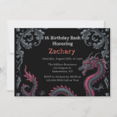 Invitation Whimsical Black Red Dragon Damask Sweet 16 Bash (Devant)