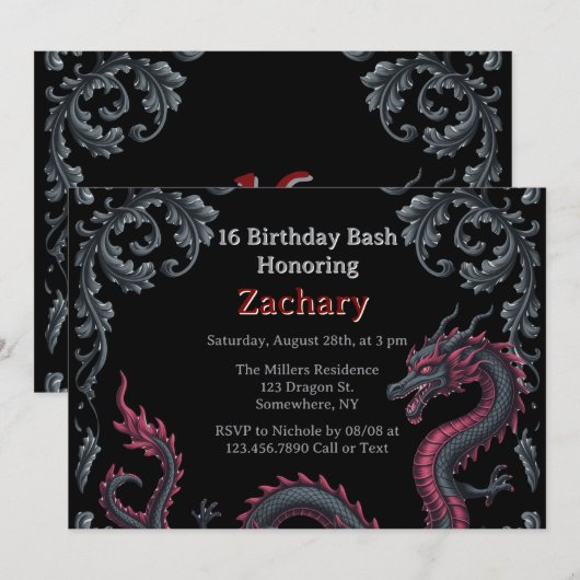 Invitation Whimsical Black Red Dragon Damask Sweet 16 Bash (Devant / Derrière)