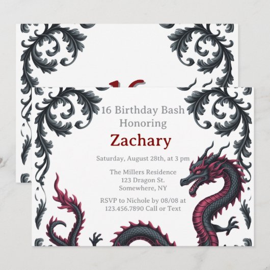 Invitation Whimsical Black Red Dragon Damask Sweet 16 Bash (Devant / Derrière)
