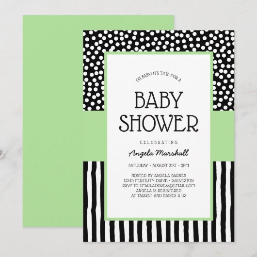 Invitation Whimsical Black White et Baby shower vert (Devant / Derrière)