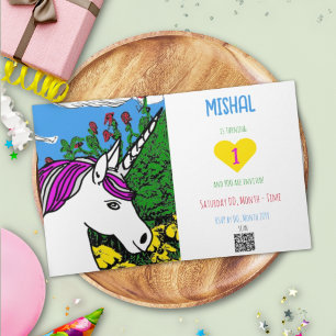 Invitation Whimsical blanc violet Anniversaire Unicorn