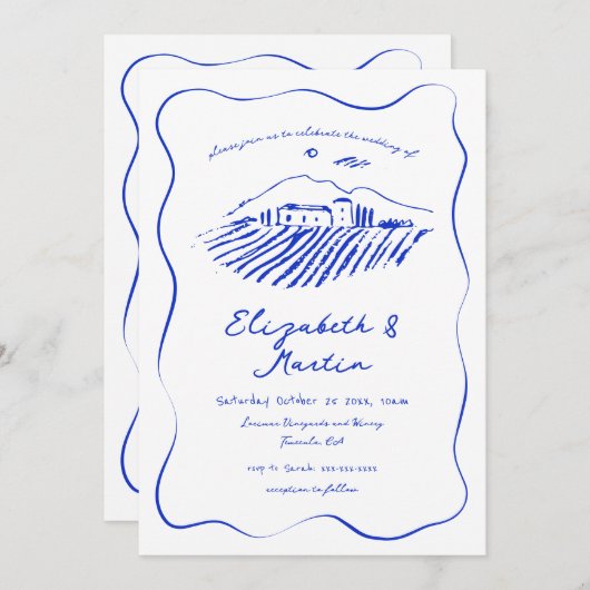 Invitation Whimsical Blue Doodle Vineyard Vavy Mariage fronta (Devant / Derrière)