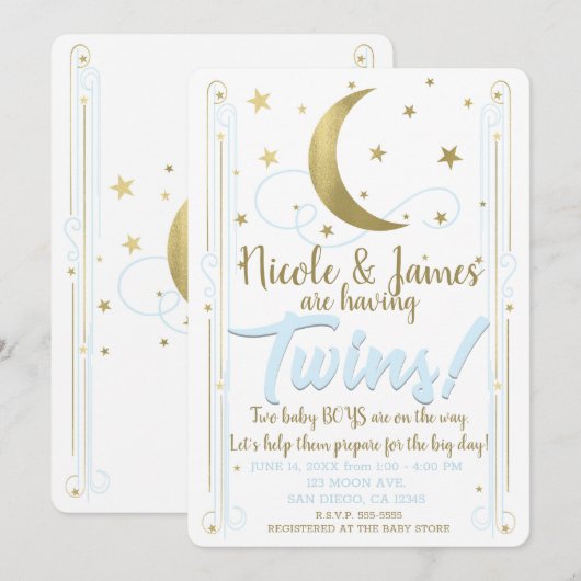 Invitation Whimsical Blue Gold Moon Stars Twins Baby shower (Devant / Derrière)