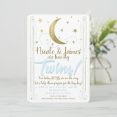 Invitation Whimsical Blue Gold Moon Stars Twins Baby shower (Debout devant)