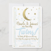 Invitation Whimsical Blue Gold Moon Stars Twins Baby shower (Devant)