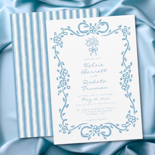 Invitation Whimsical Blue Hand Drawn Floral Stripe Wedding
