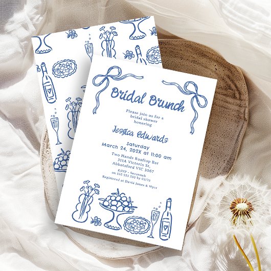 Invitation Whimsical Blue main tiré nuptiale Brunch Douche