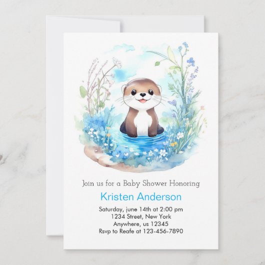 Invitation Whimsical Blue Otter Fleur sauvage Baby shower gar (Devant)