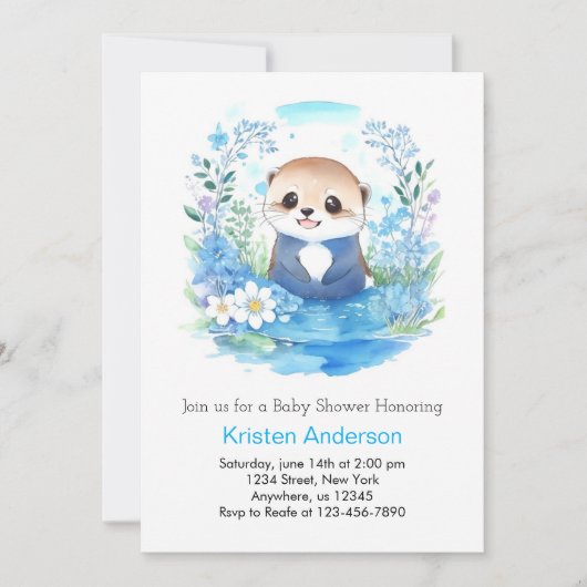 Invitation Whimsical Blue Otter Watercolor Baby shower garçon (Devant)