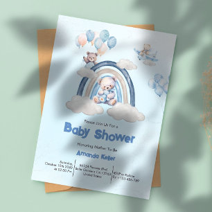 Invitation Whimsical Blue Rainbow Teddy Bear Baby shower
