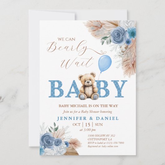 Invitation Whimsical Blue Teddy Bear Boho Baby Shower (Devant)