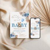 Invitation Whimsical Blue Teddy Bear Boho Baby Shower