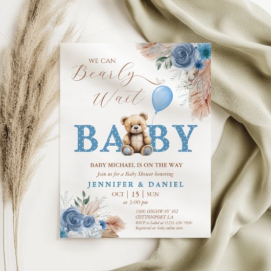 Invitation Whimsical Blue Teddy Bear Boho Baby Shower
