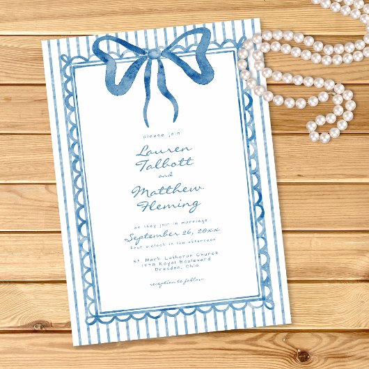 Invitation Whimsical Blue Watercolor Bow Stripe Wedding