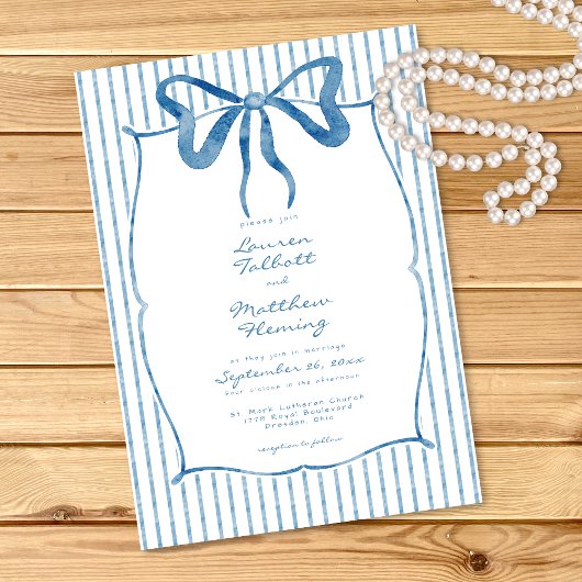 Invitation Whimsical Blue Watercolor Bow Stripe Wedding