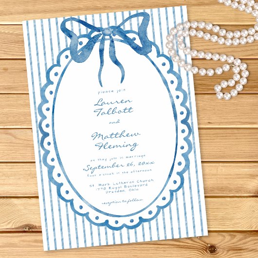 Invitation Whimsical Blue Watercolor Bow Stripe Wedding