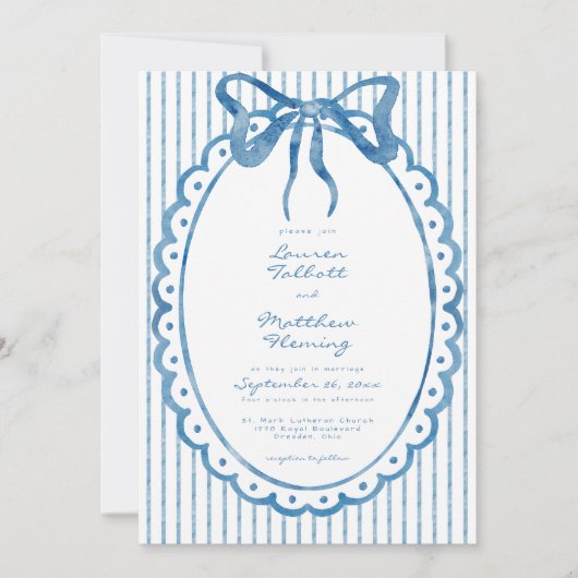 Invitation Whimsical Blue Watercolor Bow Stripe Wedding (Devant)