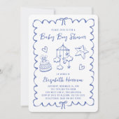 Invitation Whimsical Blue Wavy Frame Baby Boy Douche (Devant)