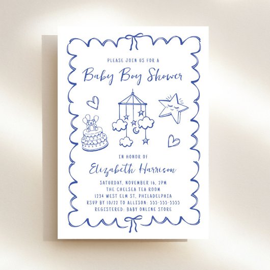 Invitation Whimsical Blue Wavy Frame Baby Boy Douche