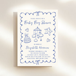 Invitation Whimsical Blue Wavy Frame Baby Boy Douche