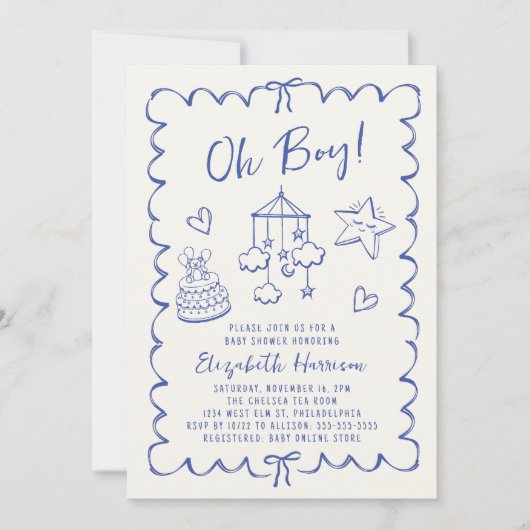 Invitation Whimsical Blue Wavy Frame Baby Boy Douche (Devant)