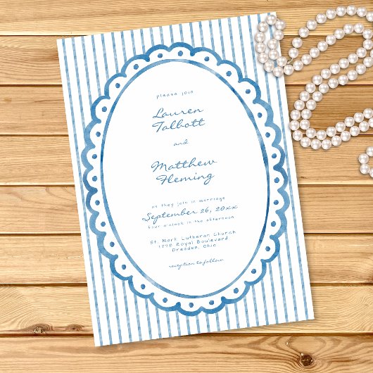 Invitation Whimsical Blue White Watercolor Stripe Wedding