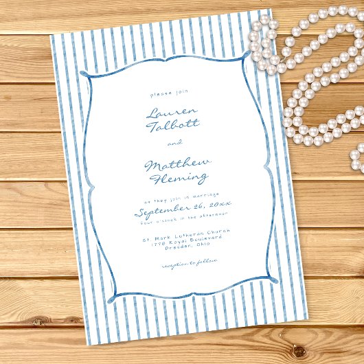 Invitation Whimsical Blue White Watercolor Stripe Wedding