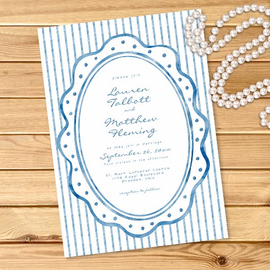 Invitation Whimsical Blue White Watercolor Stripe Wedding
