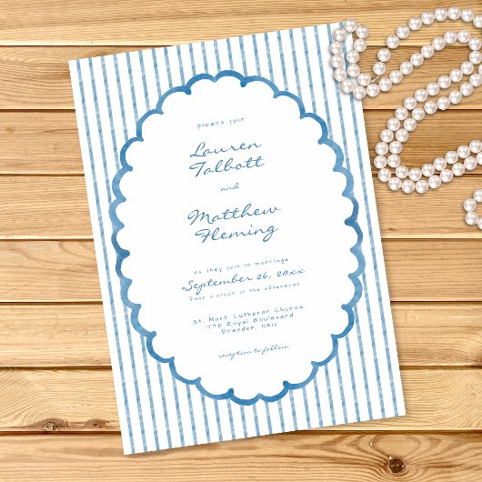 Invitation Whimsical Blue White Watercolor Stripe Wedding