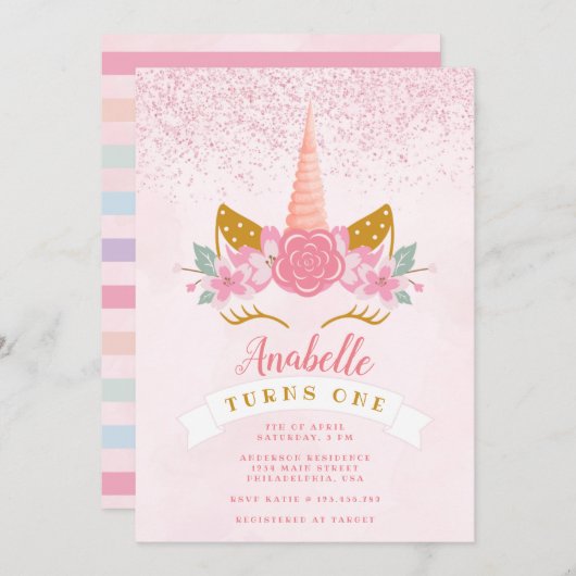 Invitation Whimsical Blush rose arc-en-ciel Unicorn Anniversa (Devant / Derrière)