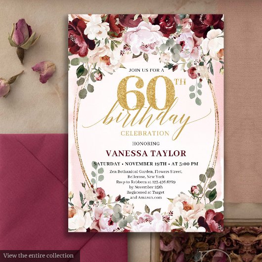Invitation Whimsical Boho Burgundy Floral 60th Birthday Card