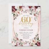 Invitation Whimsical Boho Burgundy Floral 60th Birthday Card (Devant)
