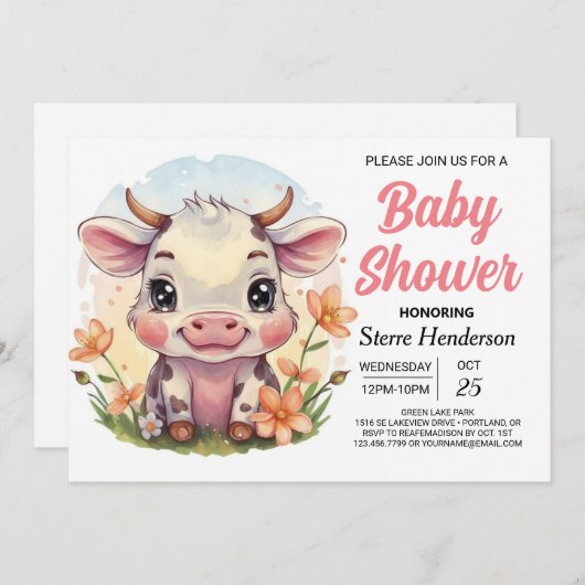 Invitation Whimsical Boho Country Cow Baby shower (Devant / Derrière)