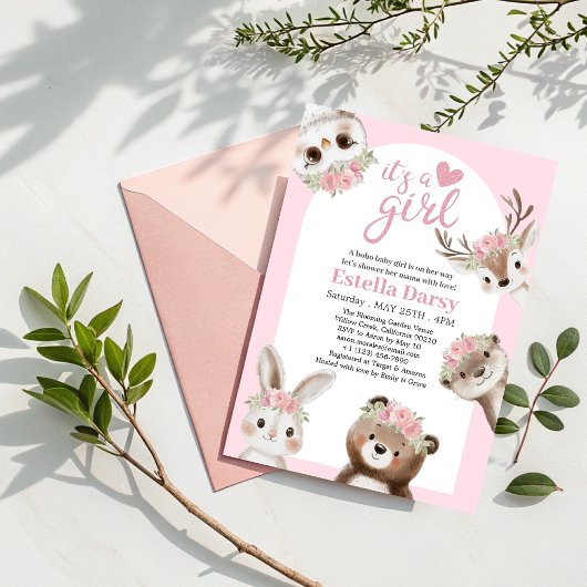 Invitation Whimsical Boho Woodland Baby shower fille Boho ros