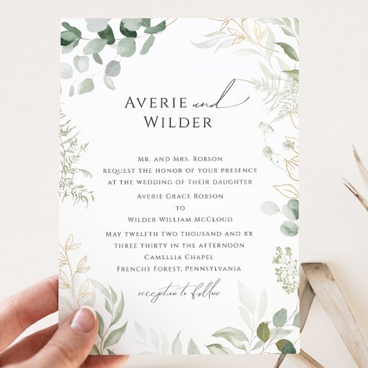 Invitation Whimsical Botanical and Gold Mariage traditionnel