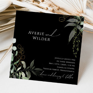 Invitation Whimsical Botanical Black and Gold Carré Mariage