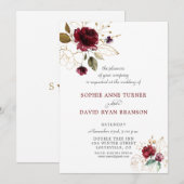 Invitation Whimsical Bourgogne Gold Flowers Monogramme Mariag (Devant / Derrière)