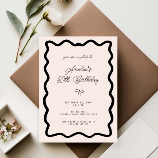Invitation Whimsical Bow cursive border 50th birthday