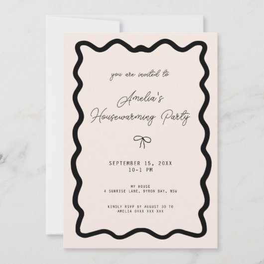 Invitation Whimsical Bow cursive border housewarming party (Devant)