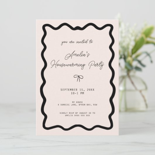 Invitation Whimsical Bow cursive border housewarming party (Debout devant)